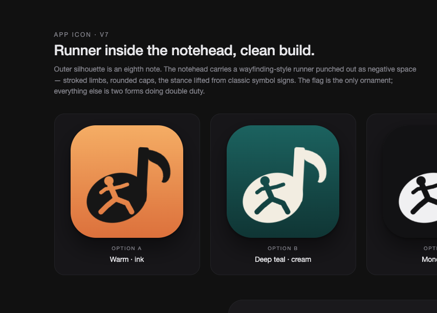 Claude Design's output for "App icon where an EXIT sign inspired running man pictogram is in the shape of a music note"